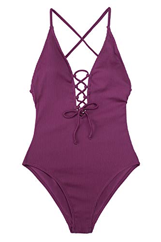 CUPSHE Women's Solid Color V Neck Lace Up One Piece Swimsuit