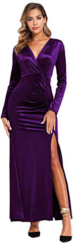 Ababalaya Long Sleeve Wrap Velvet Long Formal Dresses Cocktail Dress