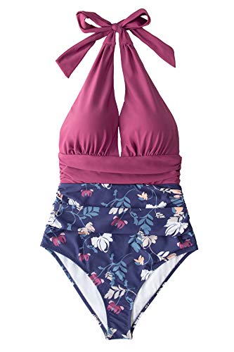 CUPSHE Women's One Piece Swimsuit Halter Plunge Neck Ruched Tummy Control Bathing Suits