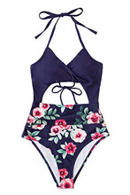
                        
                          Load image into Gallery viewer, CUPSHE Women's Black Floral Print Halter Cutout High Waist One Piece Swimsuit
                        
                      