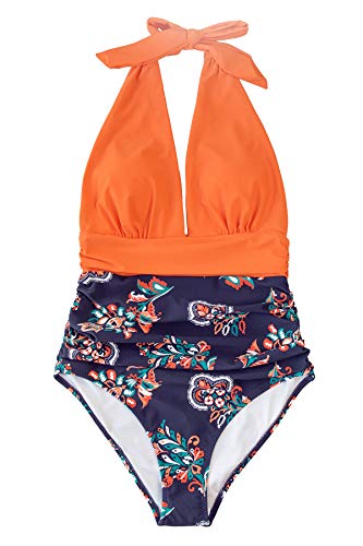 CUPSHE Women's One Piece Swimsuit Halter Plunge Neck Ruched Tummy Control Bathing Suits