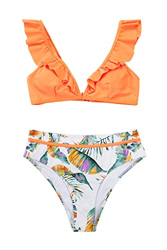 CUPSHE Women's Orange Floral Bottom Ruffle Hook Closure Bikini Set