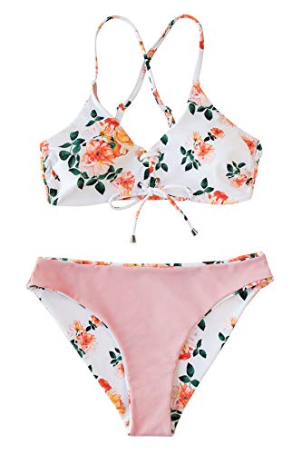 CUPSHE Women's Reversible Lace Up Bikini Sets Floral and Striped