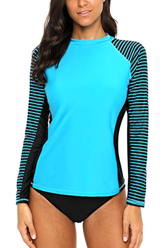 CharmLeaks Women's Long Sleeve Rashguard UPF 50 Sun Protection Swimsuit Top Striped Swim Shirts