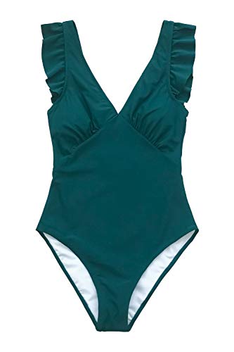 CUPSHE Women's One Piece Swimsuit V Neck Ruched Ruffle Shoulder Swimwear Bathing Suits