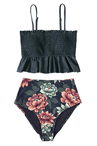 CUPSHE Women's High Waist Bikini Swimsuit Ruffle Smock Floral Print Two Piece Bathing Suit