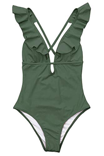 CUPSHE Women's One Piece Swimsuit Ruffle Deep V Neck Strappy Swimwear Bathing Suits