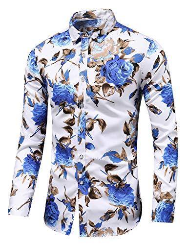 LEFTGU Men's Slim fit Floral Printed Beach Hawaiian Button-Down Dress Shirt