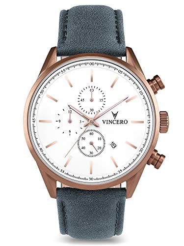 Vincero Luxury Men's Chrono S Wrist Watch - Top Grain Italian Leather Watch Band - 43mm Chronograph Watch - Japanese Quartz Movement…
