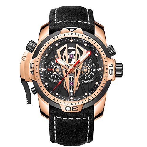 Reef Tiger Mens Sport Mechanical Watches with Steel Black Dial Automatic Watch Calfskin Leather Strap RGA3591