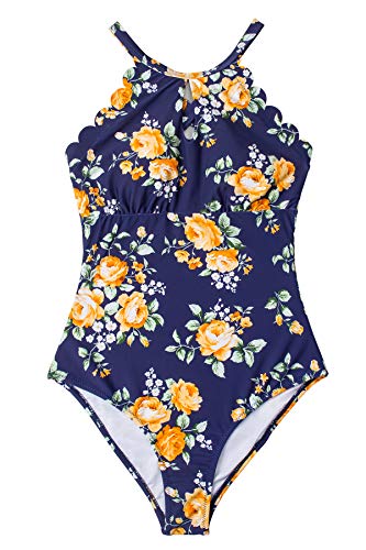 CUPSHE Women's One Piece Swimsuit Floral Print High Neck Scallop Bathing Suit