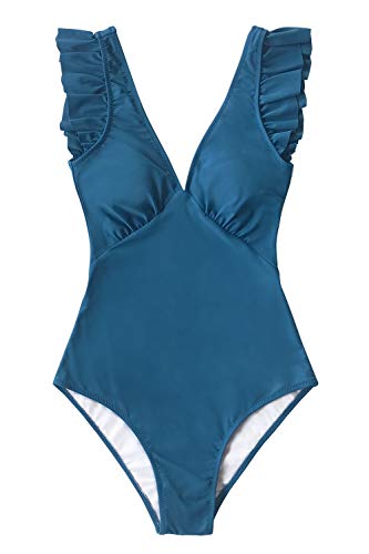 CUPSHE Women's One Piece Swimsuit V Neck Ruched Ruffle Shoulder Swimwear Bathing Suits