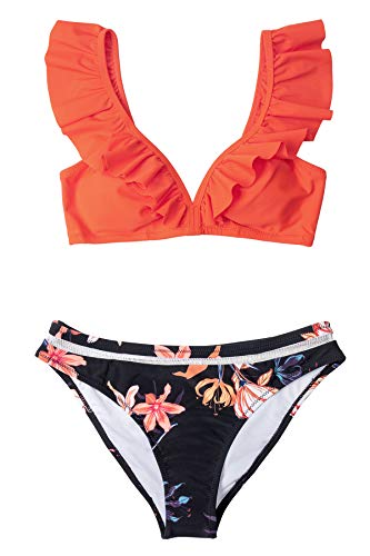 CUPSHE Women's Orange Floral Bottom Ruffle Hook Closure Bikini Set