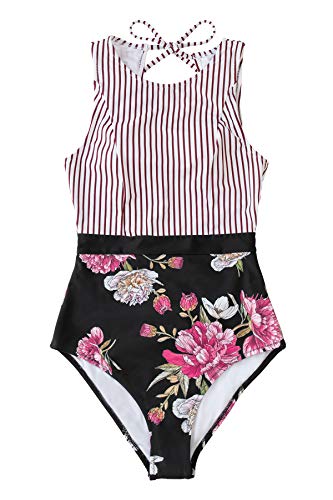 CUPSHE Women's Striped Leafy One Piece Swimsuit