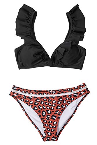 CUPSHE Women's Orange Floral Bottom Ruffle Hook Closure Bikini Set