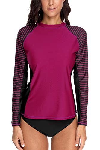 CharmLeaks Women's Long Sleeve Rashguard UPF 50 Sun Protection Swimsuit Top Striped Swim Shirts