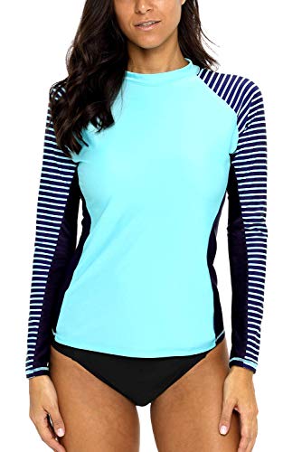 CharmLeaks Women's Long Sleeve Rashguard UPF 50 Sun Protection Swimsuit Top Striped Swim Shirts
