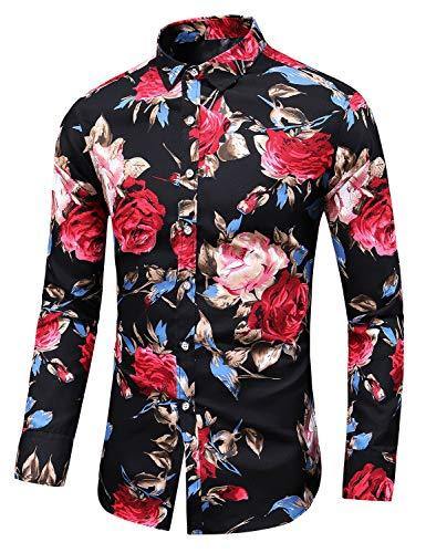 LEFTGU Men's Slim fit Floral Printed Beach Hawaiian Button-Down Dress Shirt