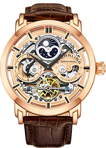 Stührling Original Mens Watch Stainless Steel Automatic, Skeleton Dial, Dual Time, AM/PM Sun Moon,Genuine Leather Strap 371 Watches for Men Series