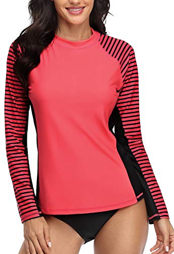 CharmLeaks Women's Long Sleeve Rashguard UPF 50 Sun Protection Swimsuit Top Striped Swim Shirts