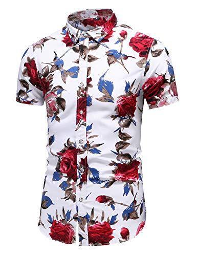 LEFTGU Men's Slim fit Floral Printed Beach Hawaiian Button-Down Dress Shirt