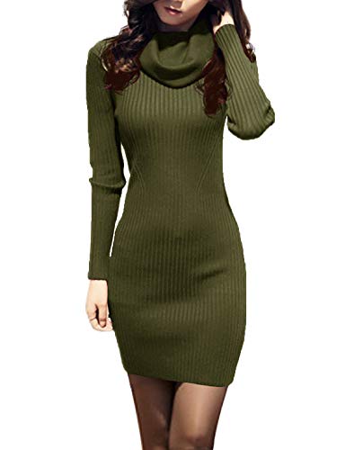 v28 Women Cowl Neck Knit Stretchable Elasticity Long Sleeve Slim Fit Sweater Dress