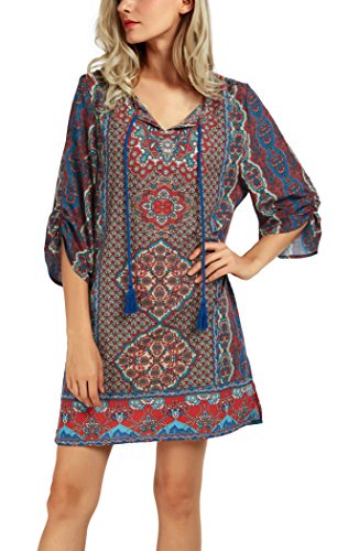 Women Bohemian Neck Tie Vintage Printed Ethnic Style Summer Shift Dress