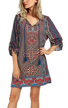
                        
                          Load image into Gallery viewer, Women Bohemian Neck Tie Vintage Printed Ethnic Style Summer Shift Dress
                        
                      