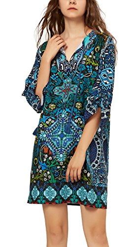 Women Bohemian Neck Tie Vintage Printed Ethnic Style Summer Shift Dress