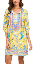 
                        
                          Load image into Gallery viewer, Women Bohemian Neck Tie Vintage Printed Ethnic Style Summer Shift Dress
                        
                      