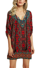 
                        
                          Load image into Gallery viewer, Women Bohemian Neck Tie Vintage Printed Ethnic Style Summer Shift Dress
                        
                      