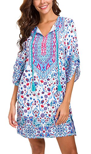 Women Bohemian Neck Tie Vintage Printed Ethnic Style Summer Shift Dress
