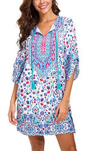 
                        
                          Load image into Gallery viewer, Women Bohemian Neck Tie Vintage Printed Ethnic Style Summer Shift Dress
                        
                      