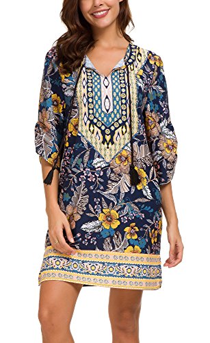 Women Bohemian Neck Tie Vintage Printed Ethnic Style Summer Shift Dress