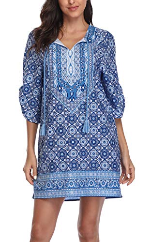 Women Bohemian Neck Tie Vintage Printed Ethnic Style Summer Shift Dress