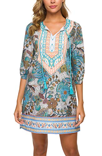 Women Bohemian Neck Tie Vintage Printed Ethnic Style Summer Shift Dress