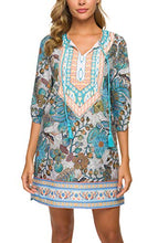 
                        
                          Load image into Gallery viewer, Women Bohemian Neck Tie Vintage Printed Ethnic Style Summer Shift Dress
                        
                      