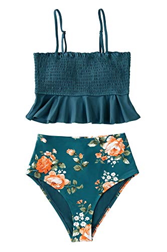 CUPSHE Women's High Waist Bikini Swimsuit Ruffle Smock Floral Print Two Piece Bathing Suit