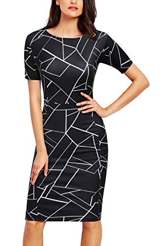 FORTRIC Women Printing Church Business Office Work Elegant Bodycon Pencil Dress