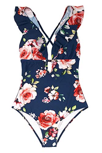 CUPSHE Women's One Piece Swimsuit Ruffle Deep V Neck Strappy Swimwear Bathing Suits