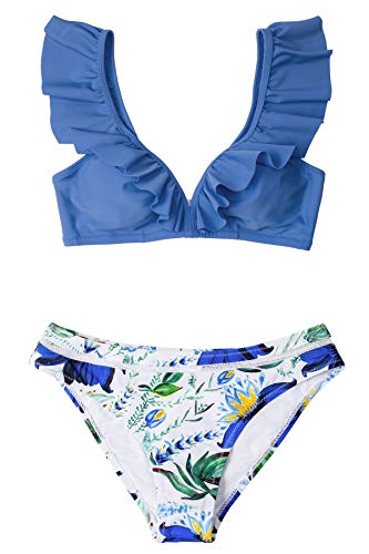 CUPSHE Women's Orange Floral Bottom Ruffle Hook Closure Bikini Set