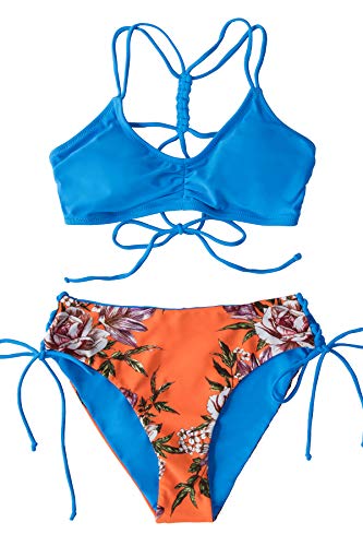 CUPSHE Women's Back Braided Straps Reversible Bottom Strappy Lace Up Bikini Sets