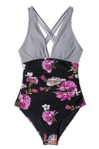CUPSHE Women's One Piece Swimsuit V Neck Tummy Control Cross Back Vintage Swimwear Bathing Suits
