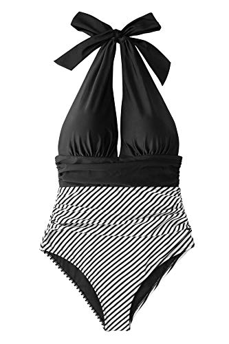 CUPSHE Women's One Piece Swimsuit Halter Plunge Neck Ruched Tummy Control Bathing Suits