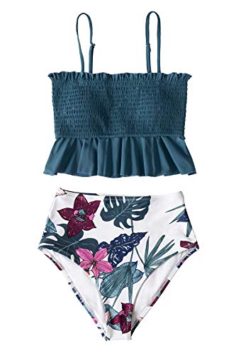 CUPSHE Women's High Waist Bikini Swimsuit Ruffle Smock Floral Print Two Piece Bathing Suit