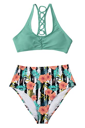 CUPSHE Women's High Waisted Bikini Floral Lace Up Two Piece Swimsuits