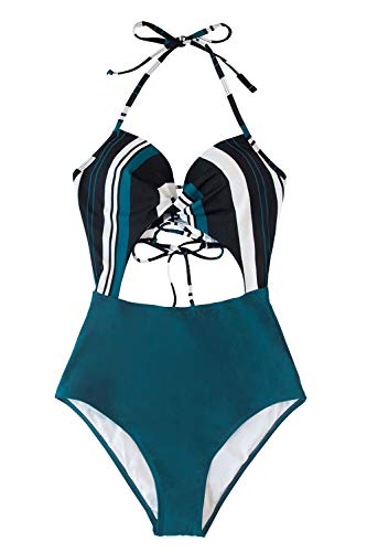 CUPSHE Women's Black Floral Print Halter Cutout High Waist One Piece Swimsuit