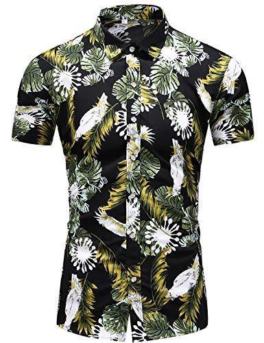 LEFTGU Men's Slim fit Floral Printed Beach Hawaiian Button-Down Dress Shirt