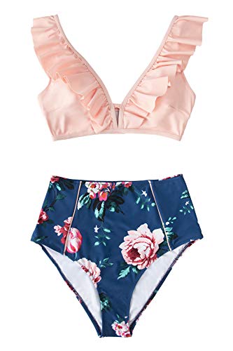 CUPSHE Women's High Waist Bikini Swimsuit Ruffle Floral Print Two Piece Bathing Suit