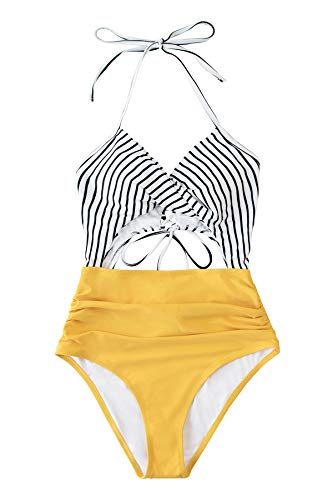 CUPSHE Women's Black Floral Print Halter Cutout High Waist One Piece Swimsuit